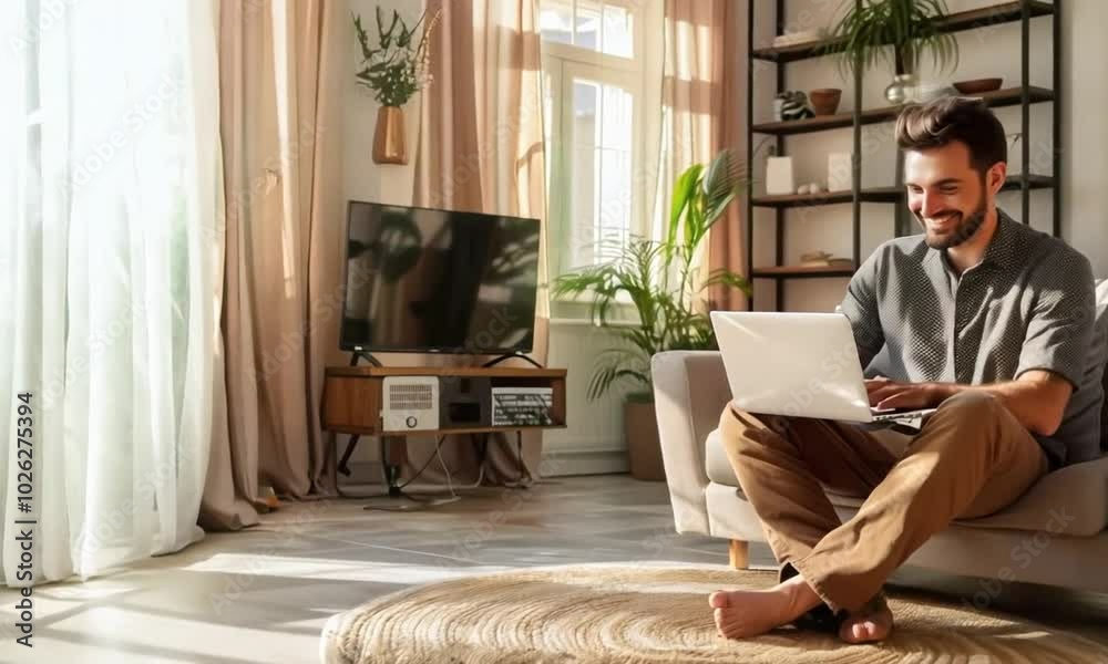 Portrait of a Handsome Young Adult Male Sitting on a Floor and Using Laptop Computer in Sunny Loft Living Room Portrait of a Handsome Young Adult Male Sitting on a Floor and Using Laptop Computer in Sunny Loft Living Room