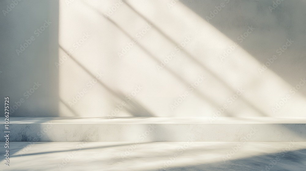 Empty minimalist interior with soft natural light casting shadows on a white wall and marble platform. Simple architectural background with copy space for design and print. Empty minimalist interior with soft natural light casting shadows on a white wall and marble platform. Simple architectural background with copy space for design and print.