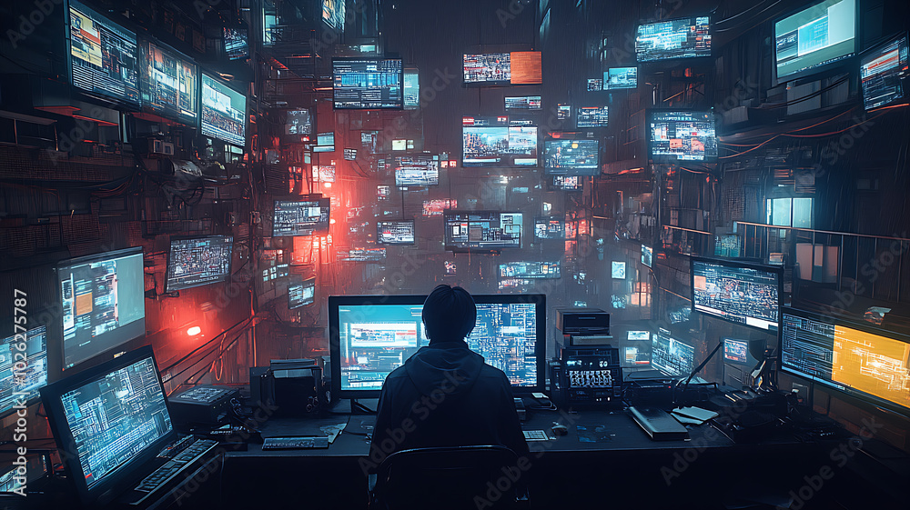 The room is filled with an array of old and new technology, including multiple monitors displaying various data screens, cables running across the space, and electronic equipment scattered throughout. The room is filled with an array of old and new technology, including multiple monitors displaying various data screens, cables running across the space, and electronic equipment scattered throughout.