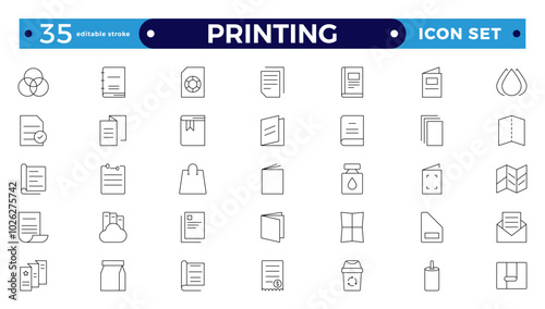 Set of outline Printing icons. Brochure, business card, flyer, magazine, postcard, poster, banner, rollup, sticker, mug, folder, other printout shop products. Editable stroke outline icon.