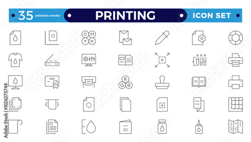 Set of outline Printing icons. Brochure, business card, flyer, magazine, postcard, poster, banner, rollup, sticker, mug, folder, other printout shop products. Editable stroke outline icon.