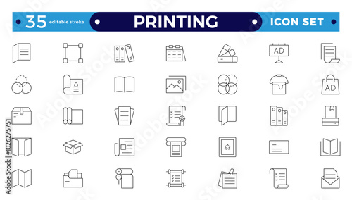 Set of outline Printing icons. Brochure, business card, flyer, magazine, postcard, poster, banner, rollup, sticker, mug, folder, other printout shop products. Editable stroke outline icon.