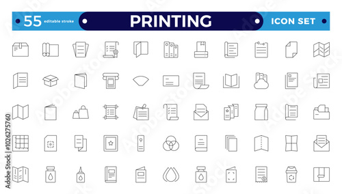 Set of outline Printing icons. Brochure, business card, flyer, magazine, postcard, poster, banner, rollup, sticker, mug, folder, other printout shop products. Editable stroke outline icon.