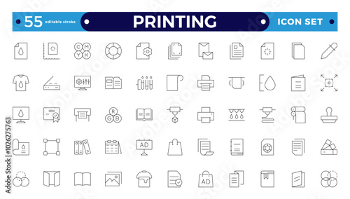 Set of outline Printing icons. Brochure, business card, flyer, magazine, postcard, poster, banner, rollup, sticker, mug, folder, other printout shop products. Editable stroke outline icon.