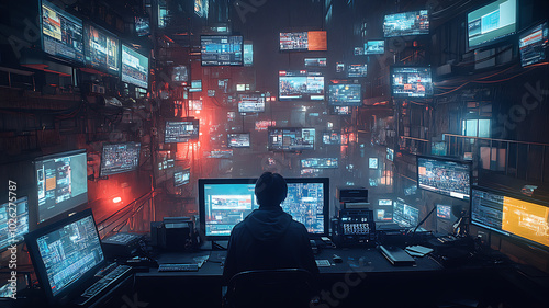 The room is filled with an array of old and new technology, including multiple monitors displaying various data screens, cables running across the space, and electronic equipment scattered throughout.