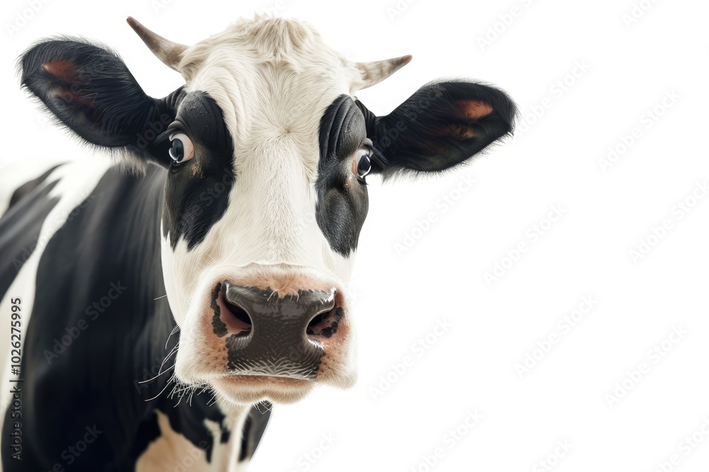 Surprised cow with goofy face mooing and looking at camera, isolated on white background. Close up portrait of funny animal.
