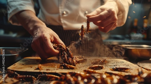 Chef Preparing Insect-Based Cuisine in Kitchen