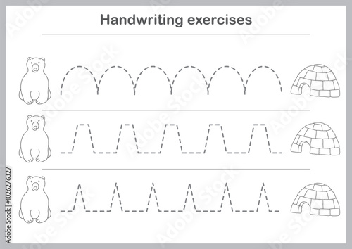 Basic writing exercises. Trace line worksheets for children. Preschool handwriting practice. Vector illustration. A4 - ready to print format