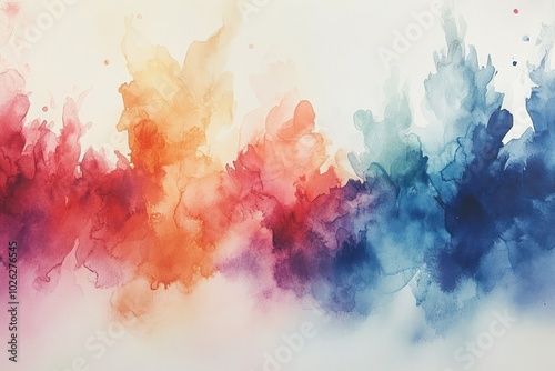 Abstract watercolor background with vibrant colors in yellow, orange, red, purple, blue and green.