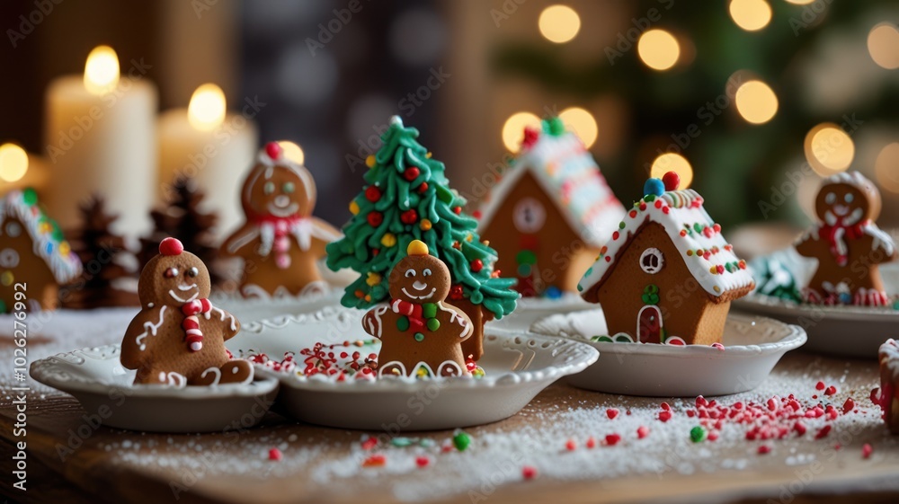 Fototapeta premium A collection of gingerbread houses, gingerbread men and a gingerbread tree on white plates, with a blurred background of Christmas lights and candles.