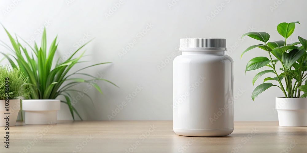 Mockup of blank supplement bottle with plants on white background Mockup of blank supplement bottle with plants on white background