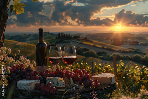 Glasses of fresh red wine with grapes, cheeses, bottle and barrel on a sunset background in Toscane. Italy vineyard and agritourism. Wine shop or wine tasting concept with copy space AI photo