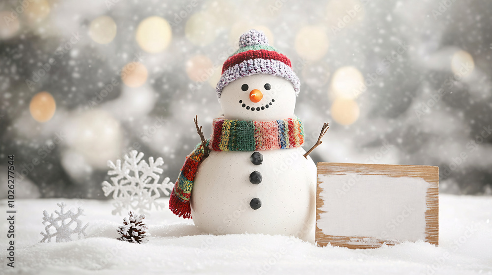 Fototapeta premium Cheerful snowman wearing colorful scarf and hat, surrounded by snowflakes and blank sign, evokes festive winter atmosphere