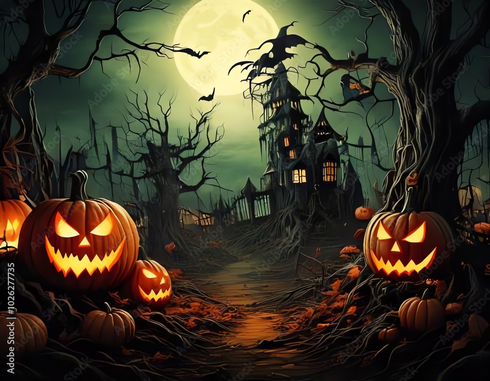 Fototapeta premium spooky landscape on Halloween under a full moon with a black castle