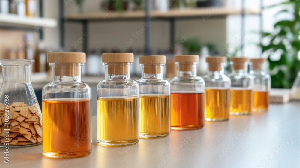 Laboratory Setup for Steam Distillation of Sandalwood with Beakers of Essential Oil and Sandalwood Chips Displayed Nearby Laboratory Setup for Steam Distillation of Sandalwood with Beakers of Essential Oil and Sandalwood Chips Displayed Nearby