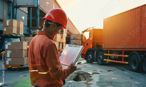 A field supervisor reviews the shipping fleet regulation checklist in the warehouse, with logistics trucks in the background, ensuring all operations adhere to compliance standards