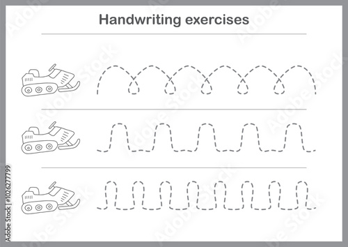 Basic writing exercises. Trace line worksheets for children. Preschool handwriting practice. Vector illustration. A4 - ready to print format