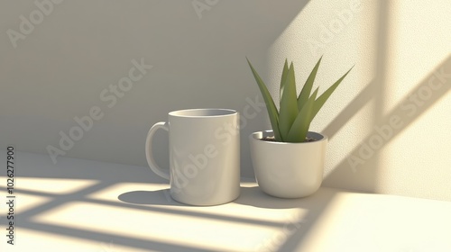 Wallpaper Mural A neutral-toned image of a one-color mug and a small potted plant, both placed on a soft beige background for a minimalist look. Torontodigital.ca