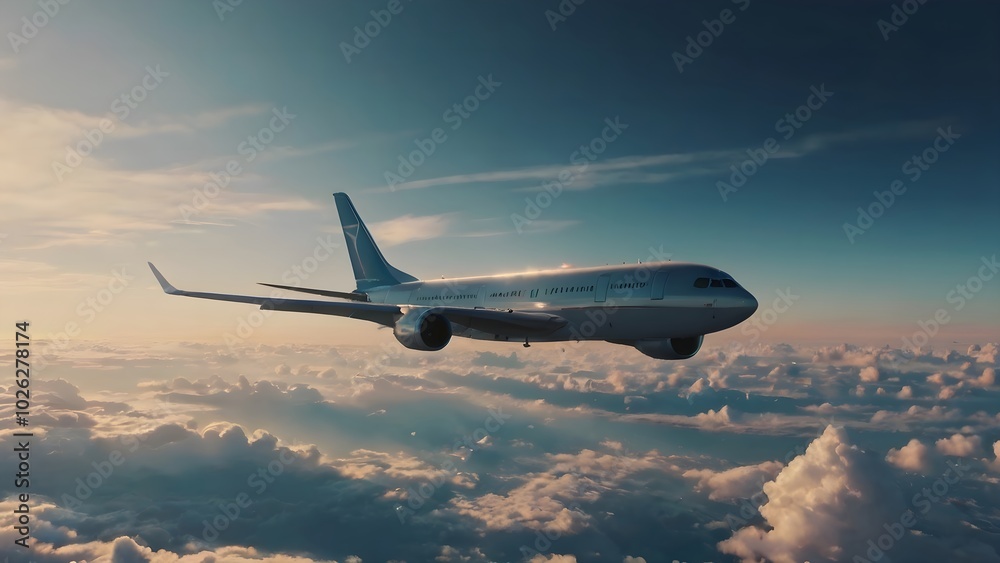 Commercial airplane flying above clouds at stunning sunrise, serene sky Generative AI Commercial airplane flying above clouds at stunning sunrise, serene sky Generative AI