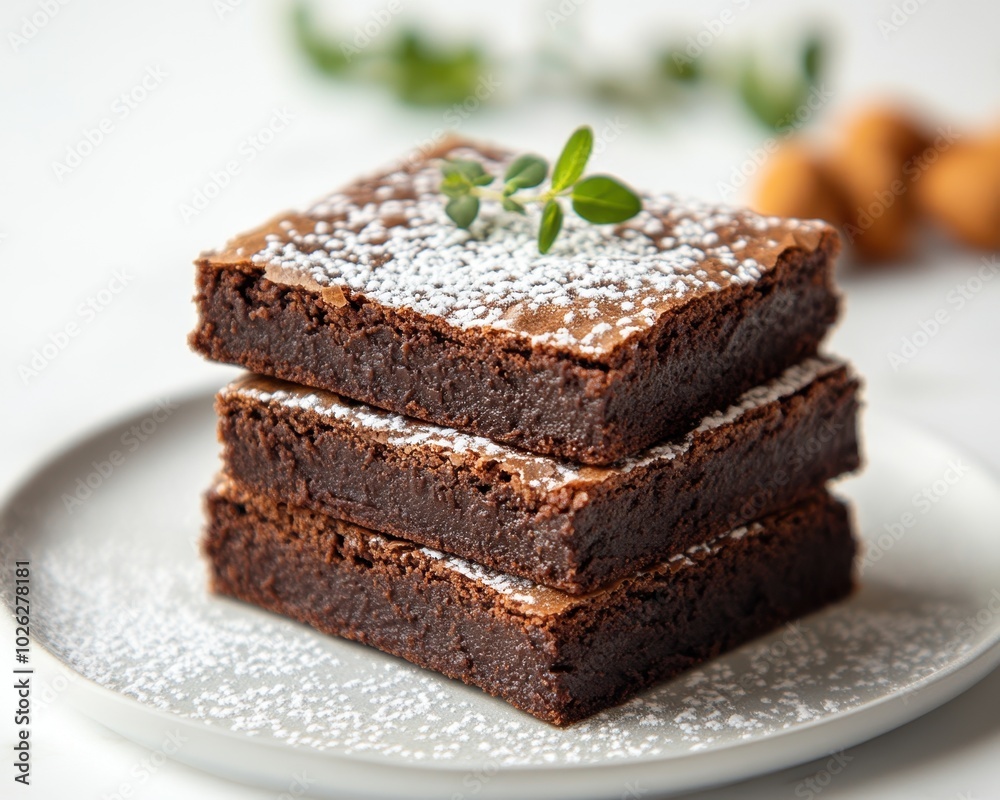 A soft, chewy chocolate brownie topped with a dusting of powdered sugar, isolated on white background A soft, chewy chocolate brownie topped with a dusting of powdered sugar, isolated on white background