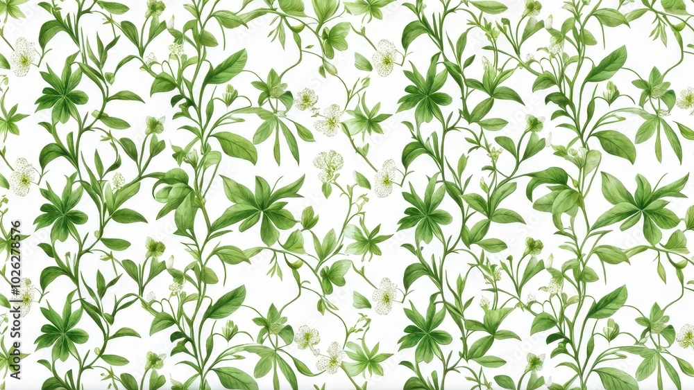 A seamless pattern of green plants and white flowers on a light background. A seamless pattern of green plants and white flowers on a light background.