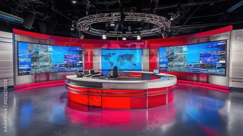 A professional news studio set with a modern desk, vibrant lighting, and digital screens displaying live graphics, designed for a TV news program. photo