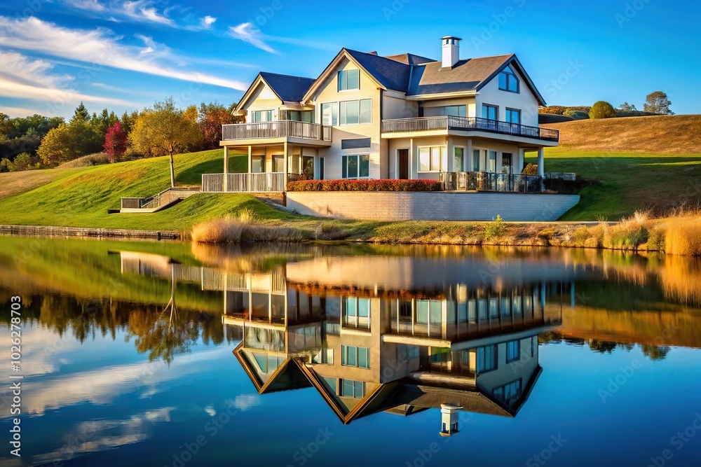 Modern American house with reflection on water Modern American house with reflection on water