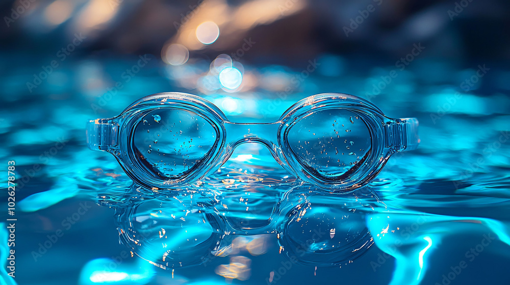 Clear swimming goggles floating in vibrant blue pool, surrounded by sparkling water droplets. image captures refreshing and inviting atmosphere, perfect for summer activities Clear swimming goggles floating in vibrant blue pool, surrounded by sparkling water droplets. image captures refreshing and inviting atmosphere, perfect for summer activities