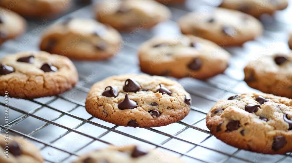 Conceptual image of freshly baked chocolate chip cookies cooling on a wire rack, showcasing the warmth and comfort of homemade treats