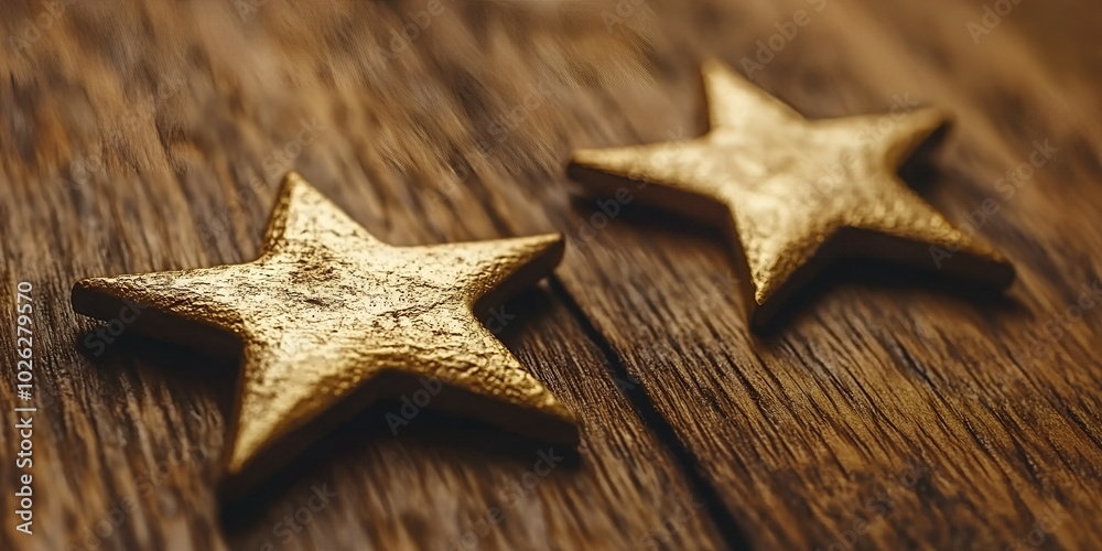 Two gold stars on a rustic wooden background. Two gold stars on a rustic wooden background.