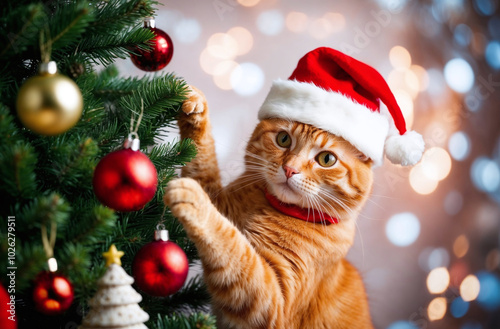 Cat playing with the christmas tree and gifts, funny orange cat in red santa hat