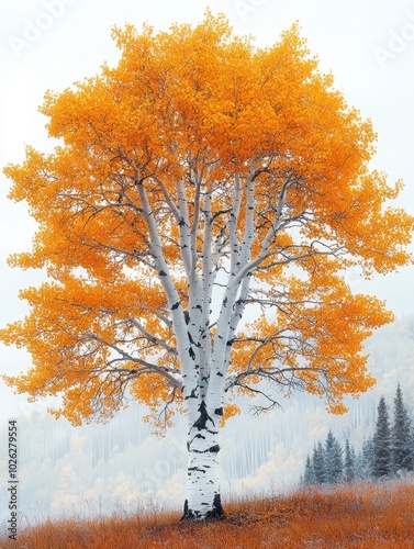 A tall aspen tree with white bark and quaking leaves, isolated on white background 