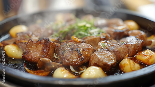 Close-up of sizzling meat and vegetables on a hot plate with steam rising.