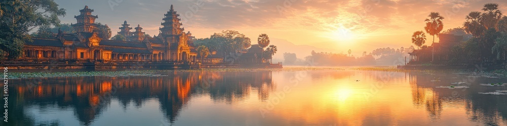 Serene sunrise over ancient Asian temple by a tranquil lake with vivid reflections. Serene sunrise over ancient Asian temple by a tranquil lake with vivid reflections.
