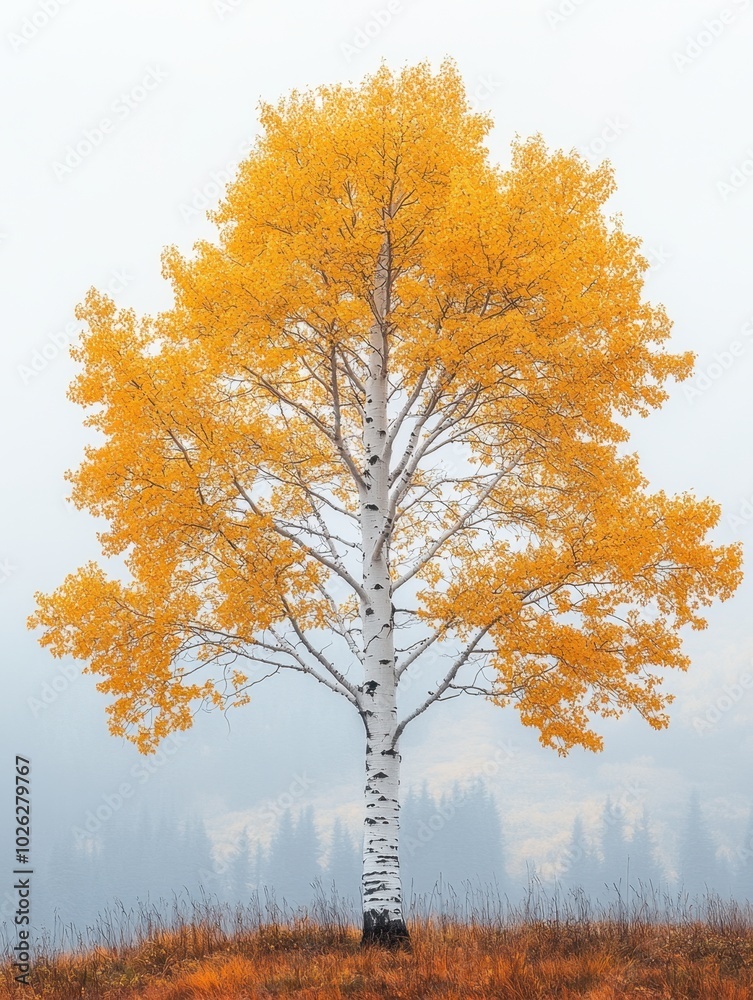 custom made wallpaper toronto digitalA tall aspen tree with white bark and quaking leaves, isolated on white background 