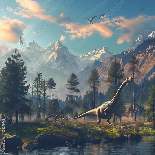 Dinosaurs living naturally among the mountains.
 photo