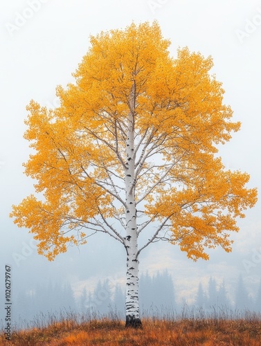 A tall aspen tree with white bark and quaking leaves, isolated on white background 