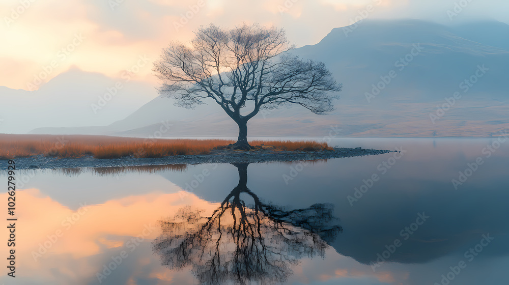Picturesque view of leafless lonely tree growing and reflecting in lake surrounded by mountain range at sundown time Picturesque view of leafless lonely tree growing and reflecting in lake surrounded by mountain range at sundown time