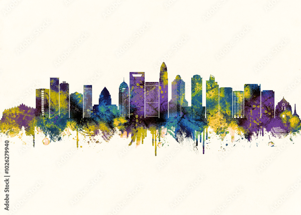 Fototapeta premium Charlotte City Skyline. Cityscape Skyscraper Buildings Landscape City Downtown Abstract Landmarks Travel Background Modern Art Architecture Business View Building Corporate