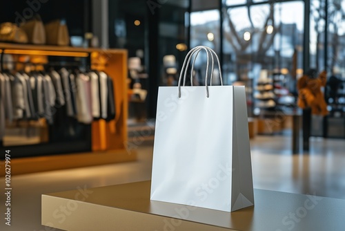 White paper shopping bag with handles on a store counter with blurred interior including clothing racks and shelves