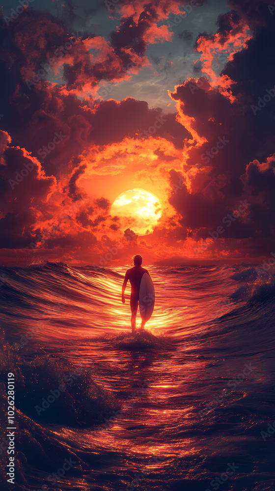 Fototapeta premium Surfer goes home during a beautiful sunset