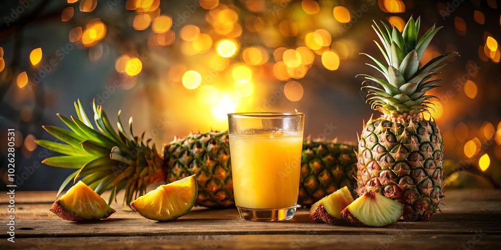 Sliced pineapples paired with refreshing juice create a tropical ambiance, beautifully captured in low light photography, invoking a serene and exotic atmosphere reminiscent of paradise. Sliced pineapples paired with refreshing juice create a tropical ambiance, beautifully captured in low light photography, invoking a serene and exotic atmosphere reminiscent of paradise.