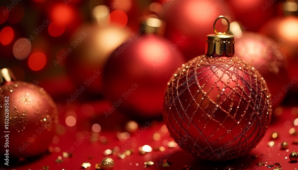 Festive red Christmas ornaments with glitter and golden accents on a red background Festive red Christmas ornaments with glitter and golden accents on a red background