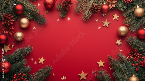 Red Christmas Background with Fir Branches and Ornaments