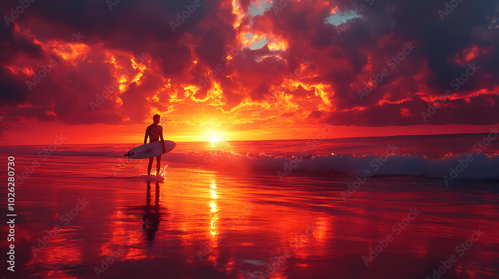 Surfer goes home during a beautiful sunset Surfer goes home during a beautiful sunset