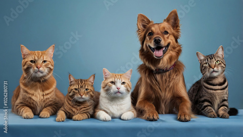 Dog and cat portrait on blue background isolated. Pets and companions. Commercial banner for advertising cat and dod food. Pets looking at the camera on blue background. Wallpaper. Copy space photo