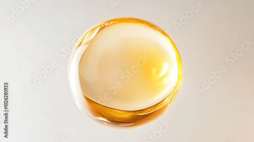 A single, perfectly round, golden orb of liquid against a white background. The orb is translucent and appears to be made of honey or oil.