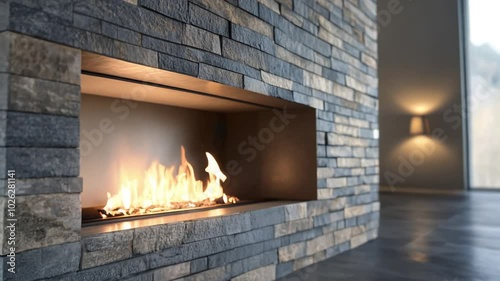 Modern Stone Fireplace with Soft Glowing Fire 