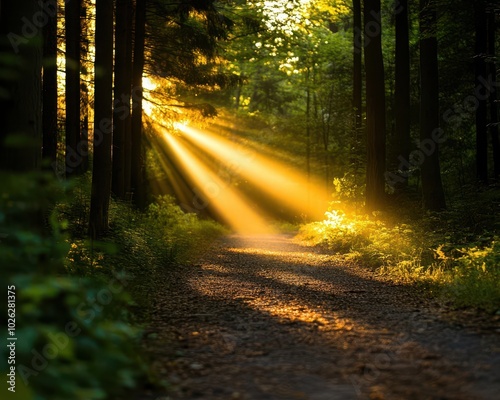 Radiant golden hour sunbeams illuminating a quiet forest path, natures glowtime