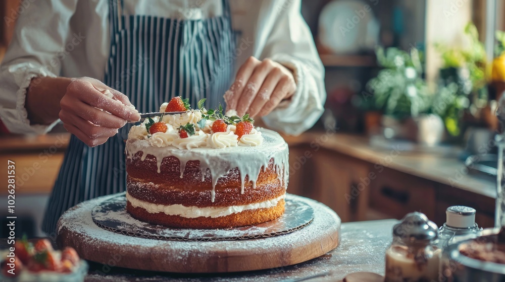 Conceptual image of a baker icing a cake in a cozy kitchen, highlighting the art of cake-making and creativity Conceptual image of a baker icing a cake in a cozy kitchen, highlighting the art of cake-making and creativity